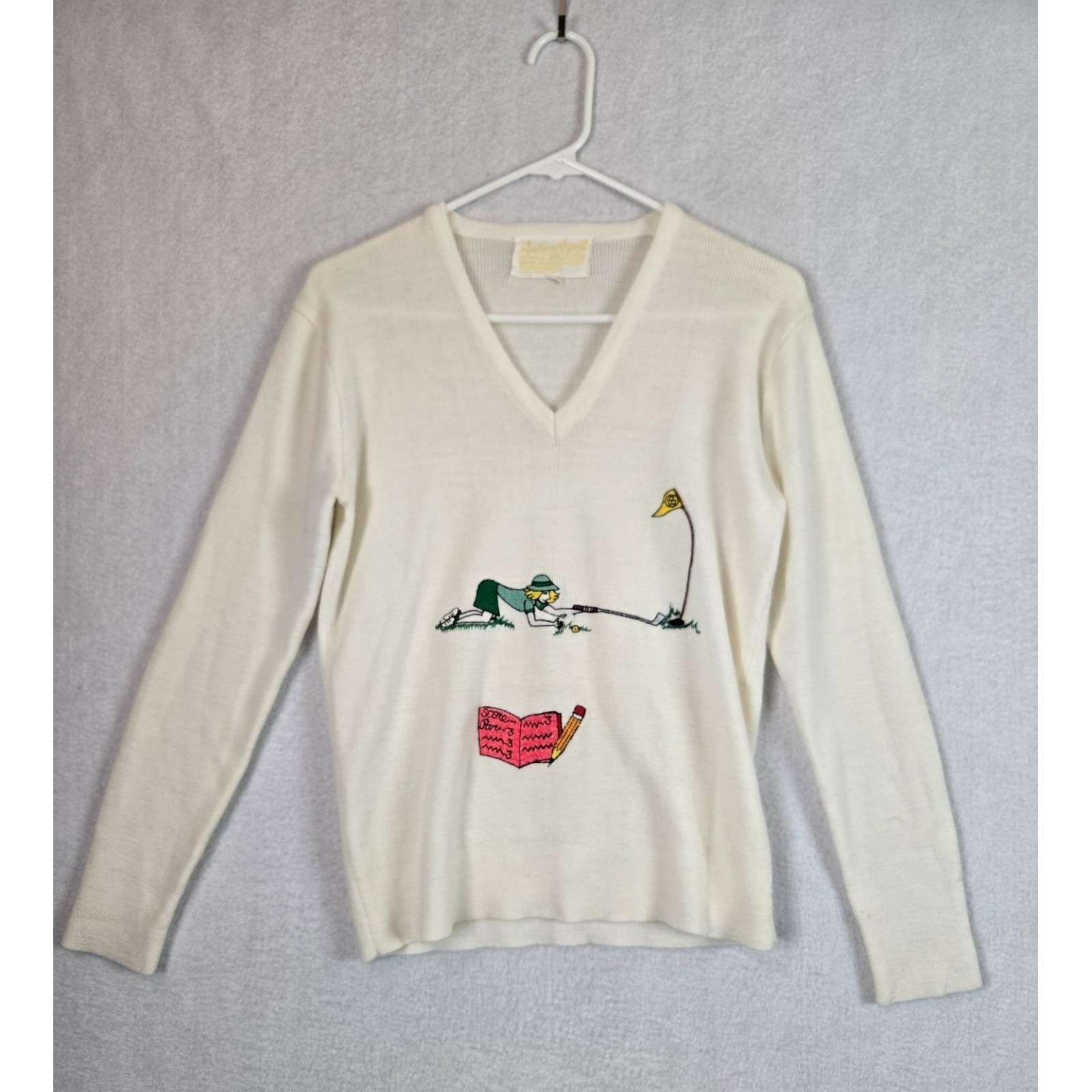 Andre Argent Sweater Womens Size M Golf Print V Neck Long Sleeve Acrylicwhite